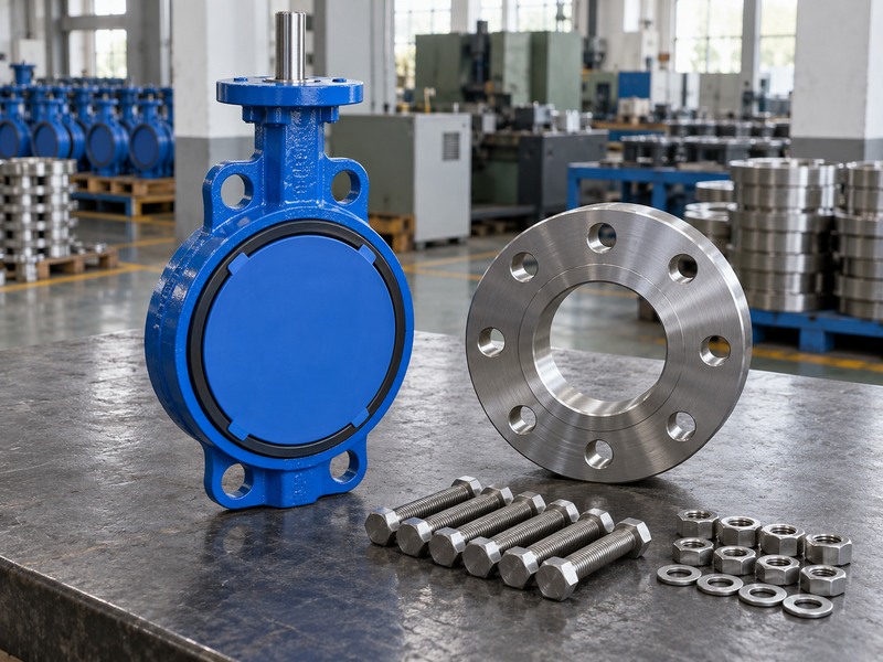 Protected wafer valve beside an eight-hole flange and loose fasteners