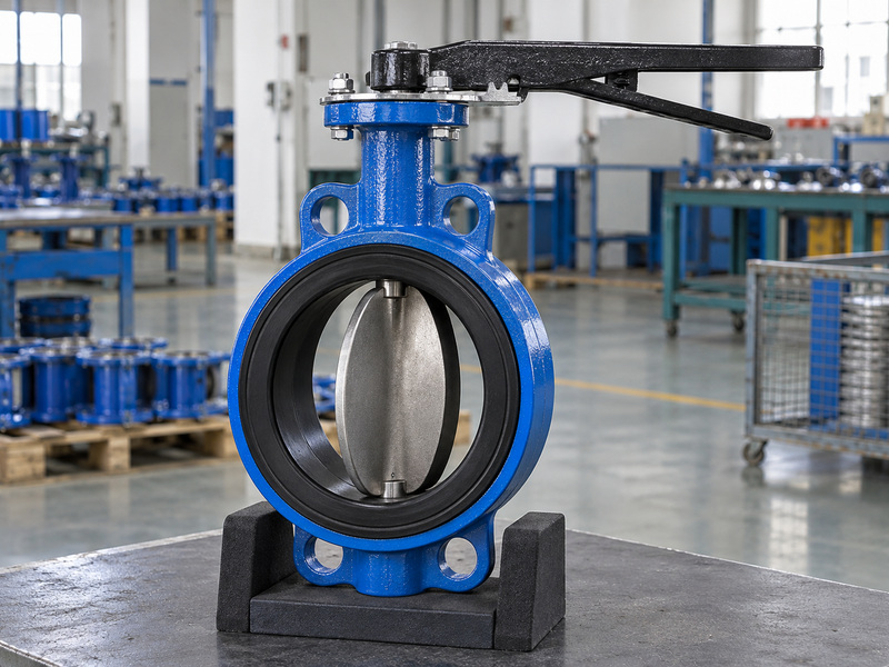Illustrative butterfly valve cast iron body assembly with a black seat, partly open silver disc and hand lever.