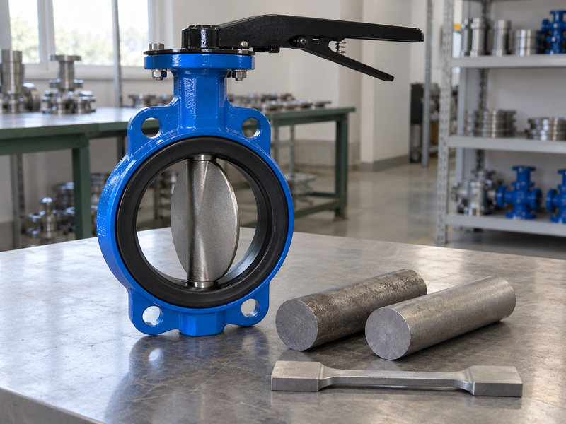 Illustrative butterfly valve cast iron body assembly beside unmarked metal samples and a tensile specimen.