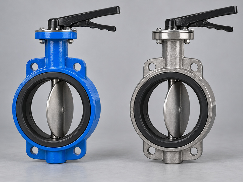 Illustrative butterfly valve cast iron body comparison with blue coated and silver metal outer shells.