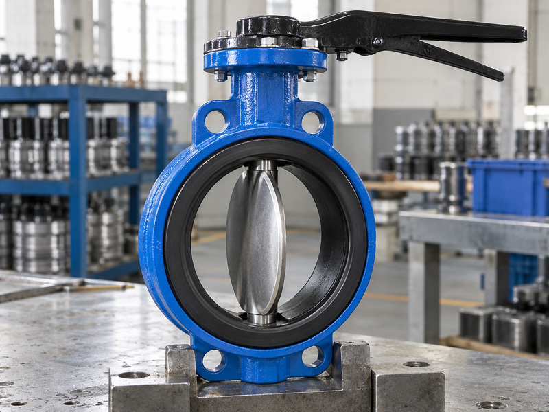 Illustrative butterfly valve cast iron body assembly showing the seat, partly open disc and vertical shaft connections.