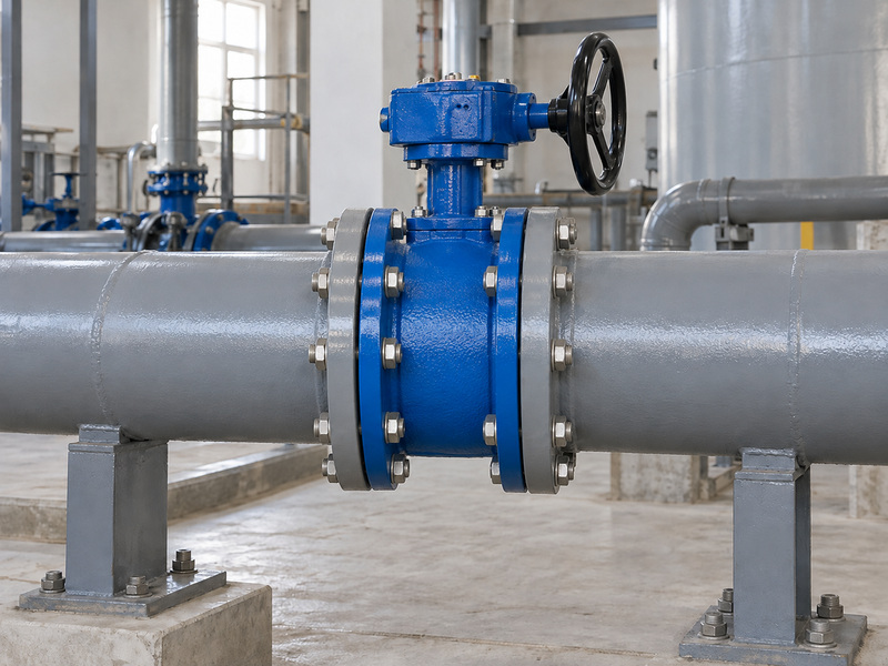 Illustrative butterfly valve cast iron body assembly with a gear operator between aligned pipe flanges.