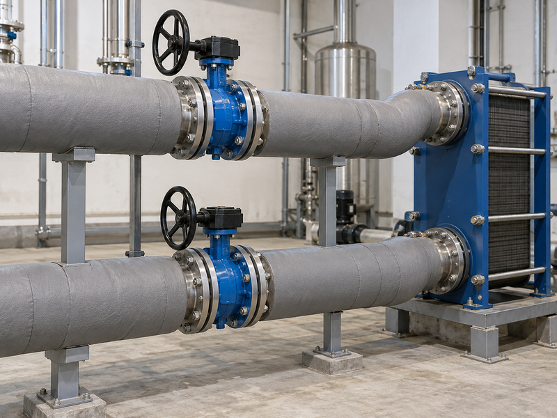 Illustrative butterfly valve cast iron body assemblies in supported pipework beside a plate heat exchanger.