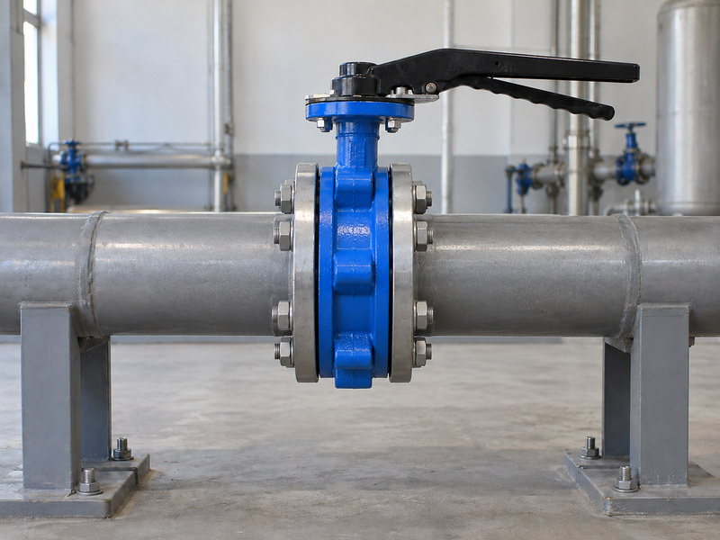 Illustrative butterfly valve cast iron body assembly with lug connections between independently supported pipe sections.