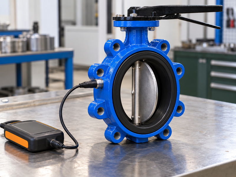 Illustrative butterfly valve cast iron body assembly with a coating gauge probe against the blue outer surface.