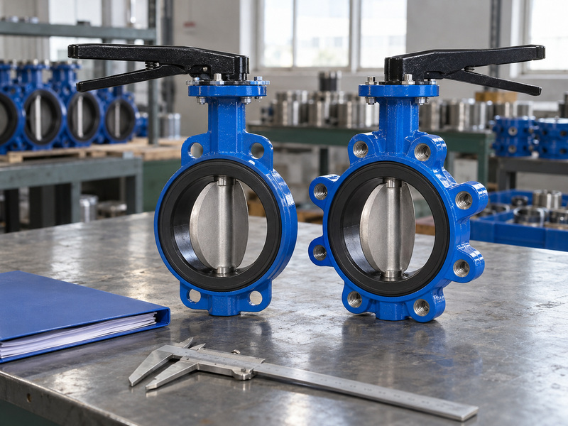 Illustrative butterfly valve cast iron body assemblies comparing wafer and lug connections on a review table.
