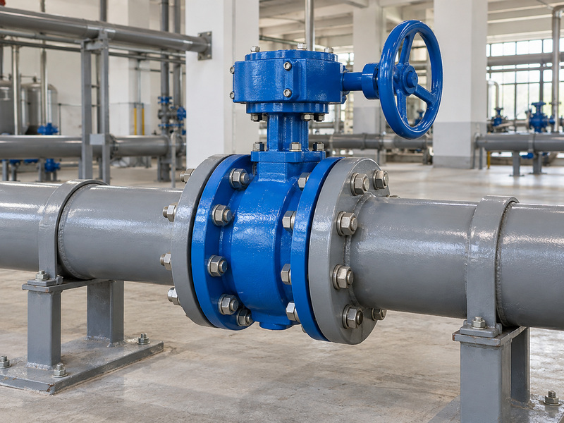 Illustrative butterfly valve cast iron body assembly installed between coaxial flanges in independently supported pipework.