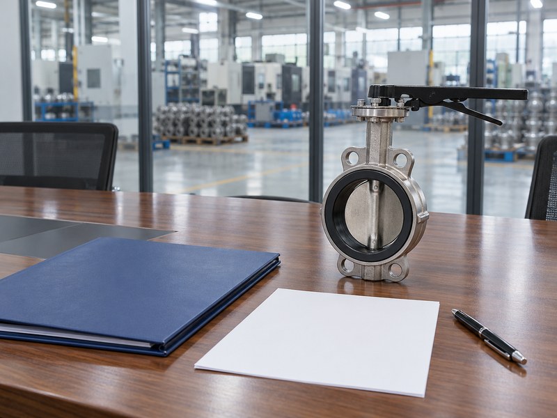butterfly valve company news: valve sample and blank supplier documents on a meeting table