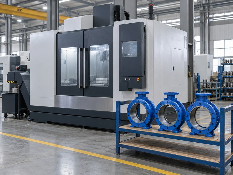 butterfly valve company news: enclosed machining center beside unfinished valve bodies