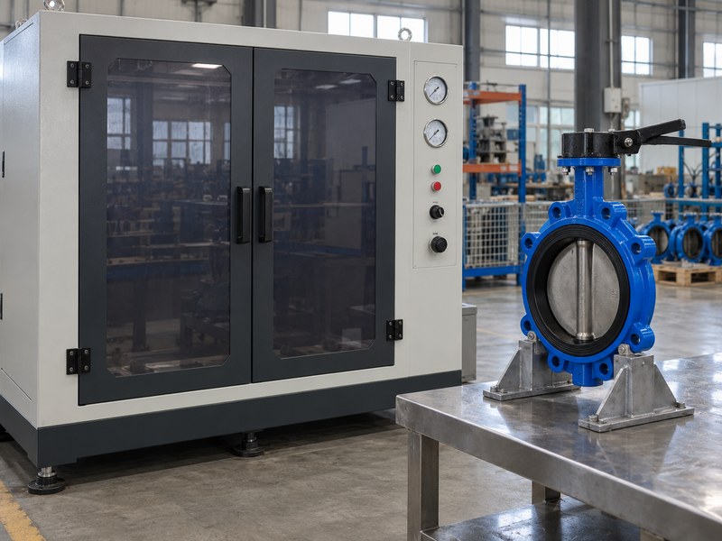 butterfly valve company news: closed test enclosure beside a supported butterfly valve
