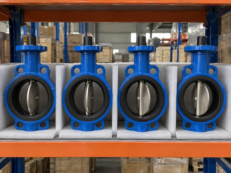 butterfly valve company news: four wafer butterfly valves stored with protective stem caps