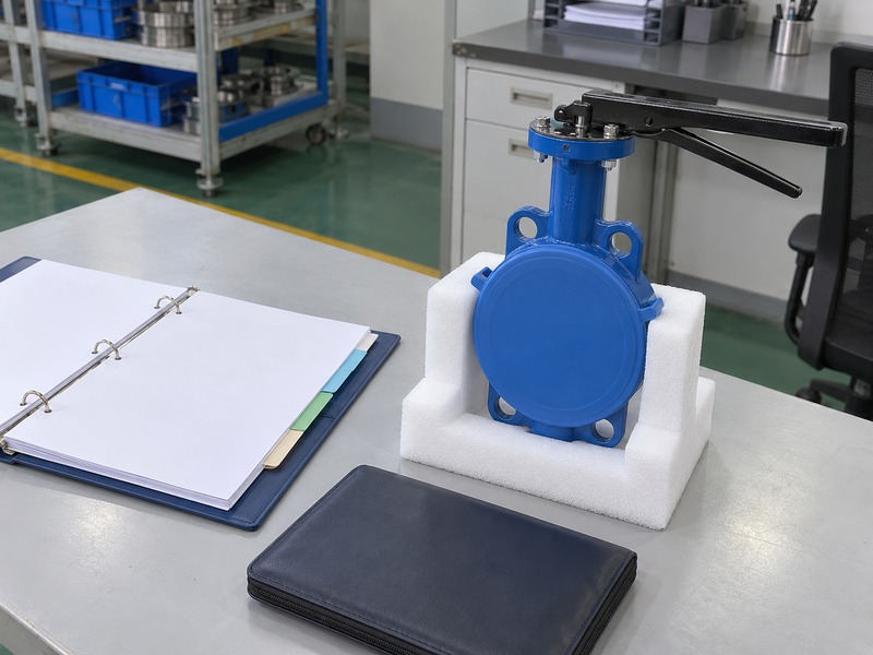 butterfly valve dn80 pn16 — Blue-capped butterfly valve in white foam beside an open blank tabbed binder and closed document case