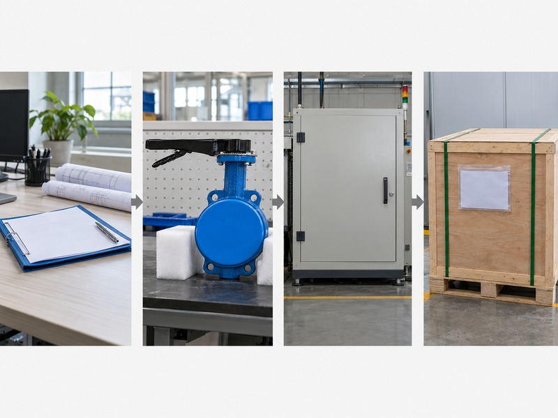 butterfly valve dn80 pn16 — Four-panel photographic workflow of planning papers, capped valve, closed inspection cabinet and strapped wooden crate