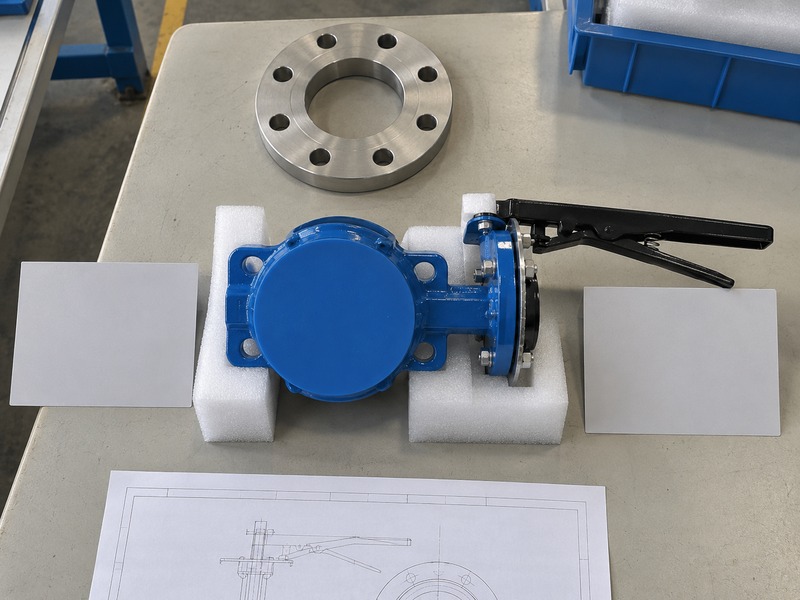 butterfly valve dn80 pn16 — Overhead view of a capped butterfly valve between two blank cards beside a loose metal flange and partial technical drawing