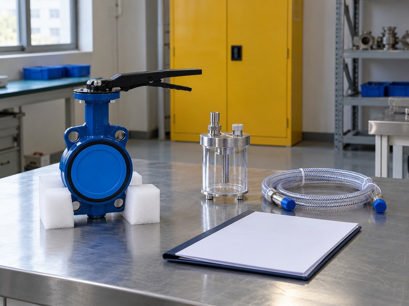 butterfly valve dn80 pn16 — Bore-capped blue butterfly valve with visible outer black seat face beside separate idle canister, capped coiled hose and blank clipboard
