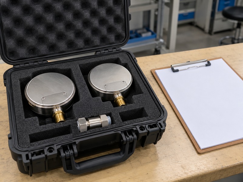 butterfly valve dn80 pn16 — Open foam-lined case holding two pressure instruments viewed from the back and a separate adapter beside a blank clipboard