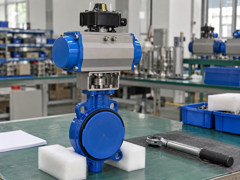 butterfly valve dn80 pn16 — Capped butterfly valve with mounted pneumatic actuator, exposed coupling and top indicator beside a resting torque wrench