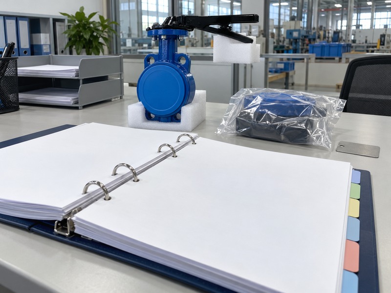 butterfly valve dn80 pn16 — Blank tabbed ring binder beside a foam-supported capped valve, lever protector, bagged blue component and plain metal tag