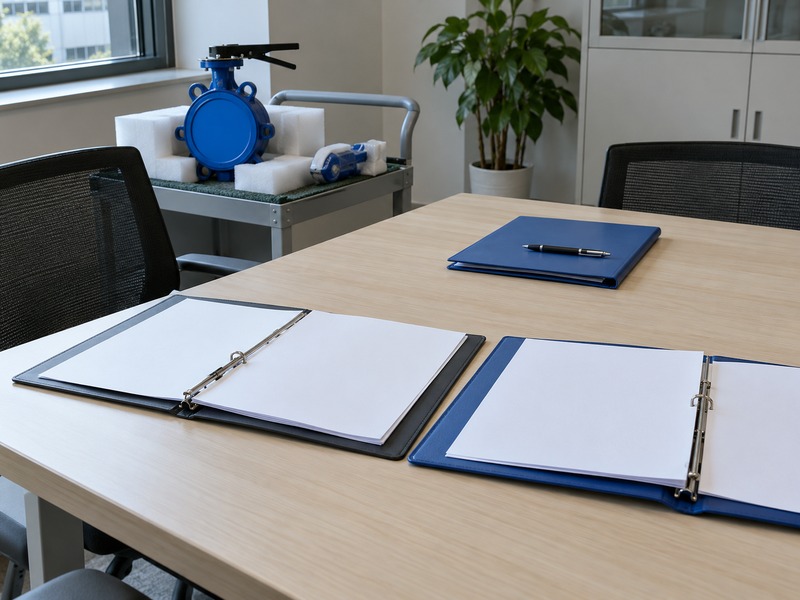 butterfly valve dn80 pn16 — Two open blank binders and a closed folder on a table with separately foam-supported valve and actuator on a trolley behind