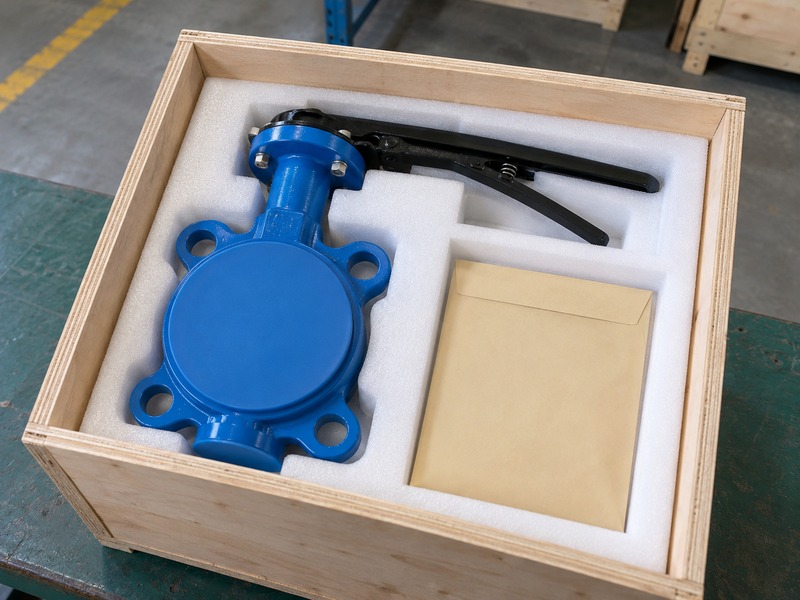 butterfly valve dn80 pn16 — Capped manual butterfly valve in contoured white foam inside an open wooden shipping box beside a plain envelope