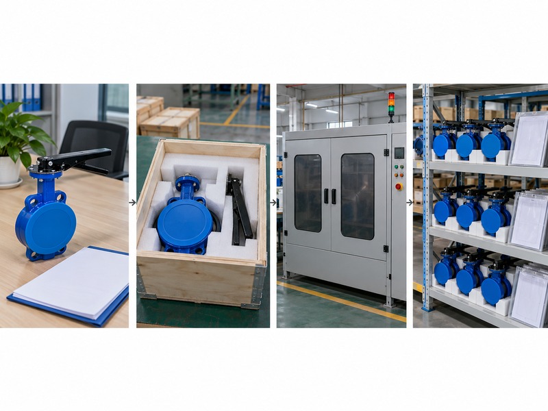 butterfly valve dn80 price — Four-panel sequence of capped valve and papers, foam-packed valve and separate lever, closed inspection cabinet, and stocked valves