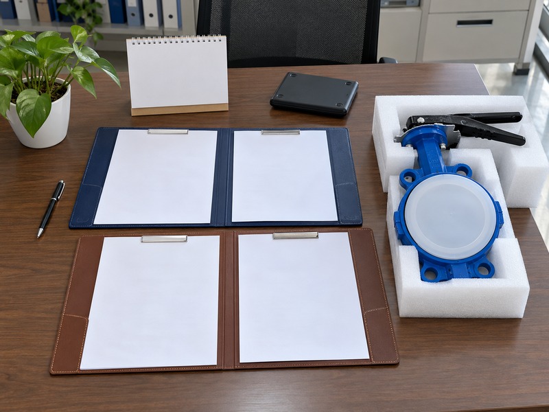 butterfly valve dn80 price — Foam-protected capped butterfly valve beside blank clip folders, blank desk calendar, pen and face-down black handheld device