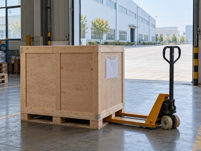 butterfly valve dn80 price — Unmarked wooden crate on a pallet with a yellow manual pallet jack at an open factory loading doorway