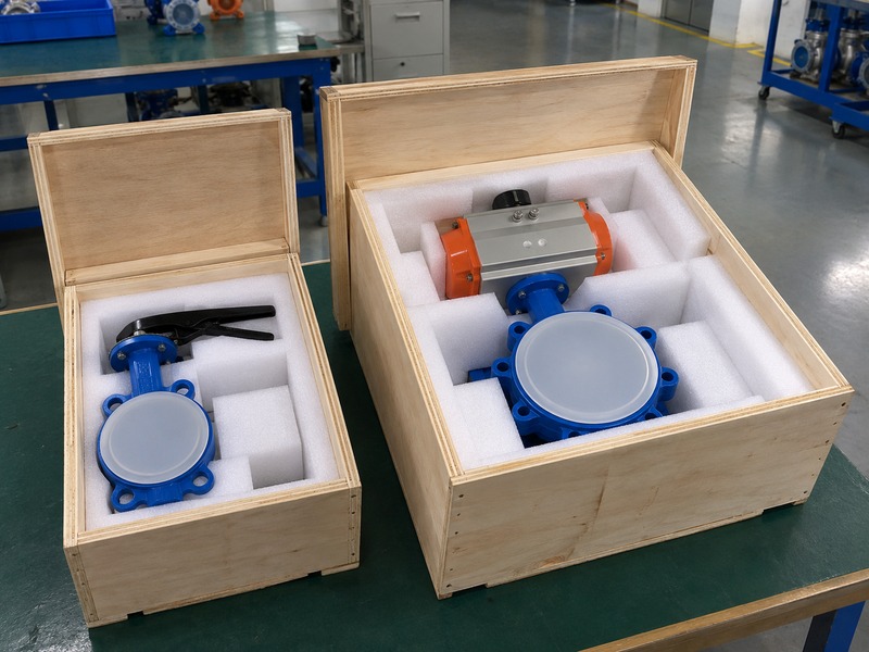 butterfly valve dn80 price — Two differently sized open wooden valve boxes with white foam, one containing a manual valve and one an actuated valve