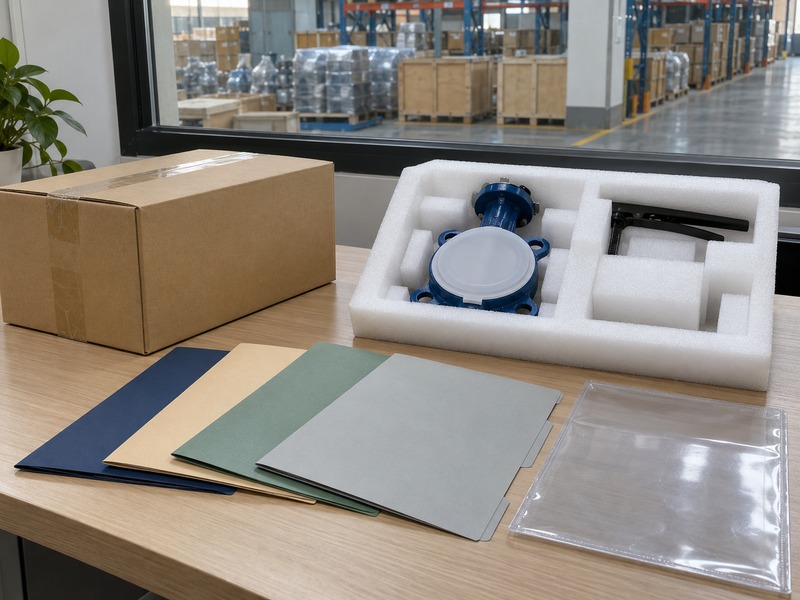 butterfly valve dn80 price — Plain shipping carton and foam-packed capped valve with separate lever beside colored folders and a clear document sleeve