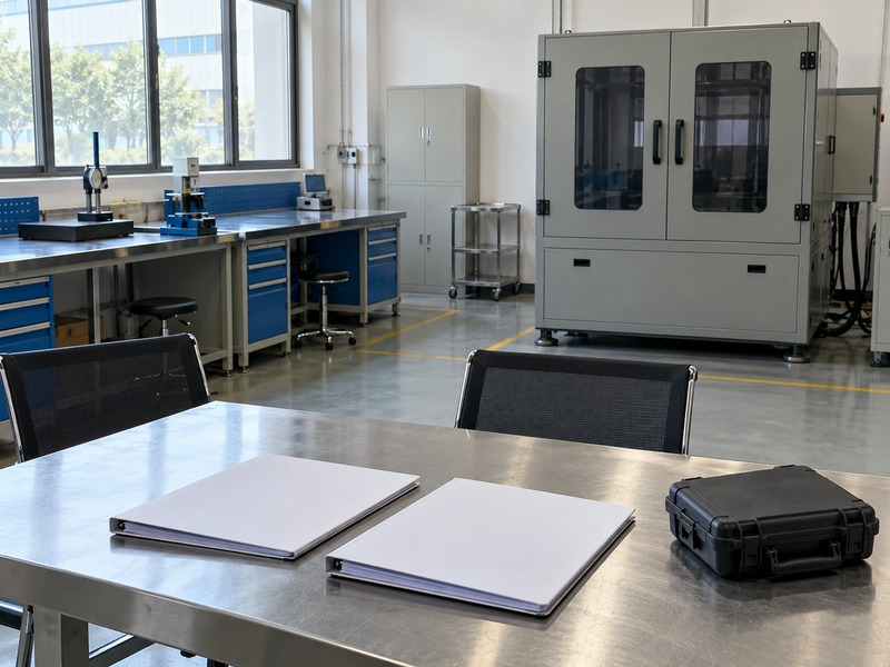 butterfly valve dn80 price — Closed double-door inspection cabinet behind a table holding two plain binders and a closed black instrument case