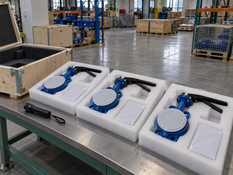 butterfly valve dn80 price — Three separately foam-packed capped butterfly valves with bagged plain papers on a receiving bench beside an open crate and flashlight