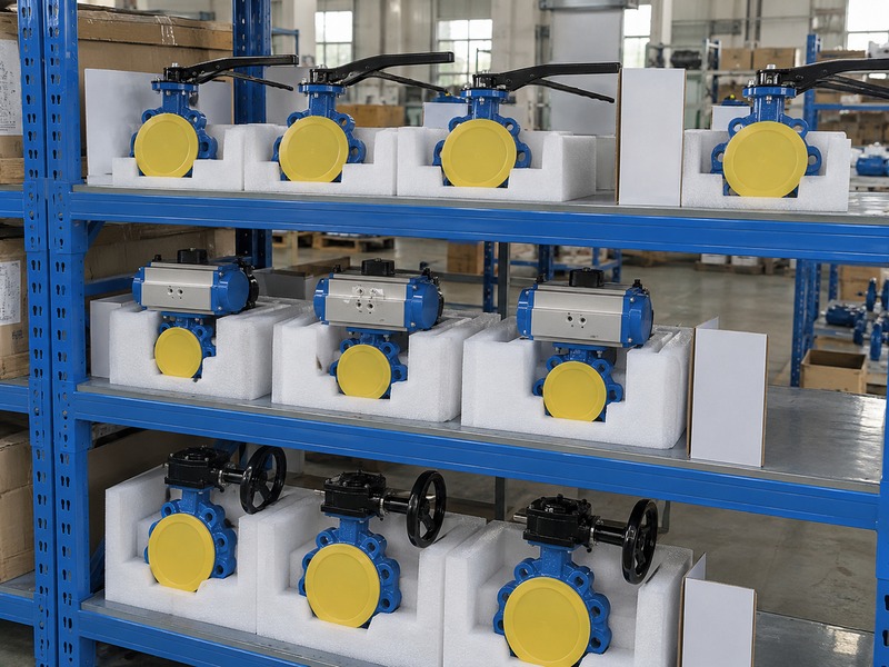 butterfly valve dn80 price — Protected yellow-capped manual, pneumatically actuated and handwheel-operated butterfly valves stored in separate warehouse shelf locations