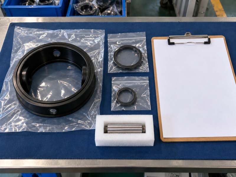 butterfly valve dn80 price — Black butterfly-valve seat sleeve with opposed shaft openings beside two separately bagged small rings, a cylindrical metal part in foam and a blank clipboard