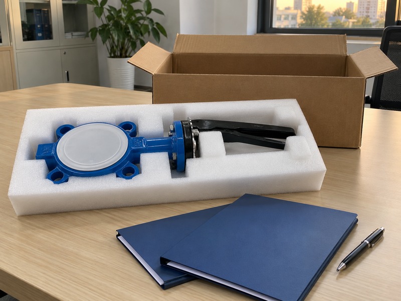 butterfly valve dn80 price — Capped butterfly valve in shaped white foam before an open carton beside two plain blue folders and a pen