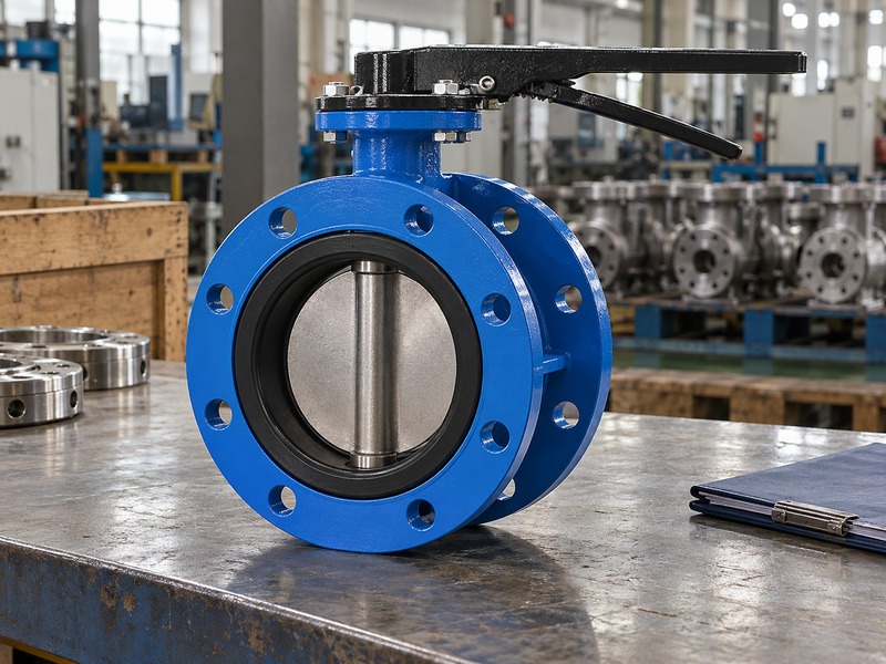 butterfly valve dn80 — unbranded double-flanged DN80 valve with a blank interface drawing folder