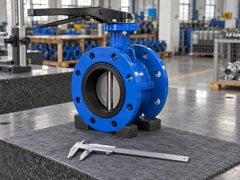 butterfly valve dn80 — side profile of a double-flanged valve beside a caliper at rest