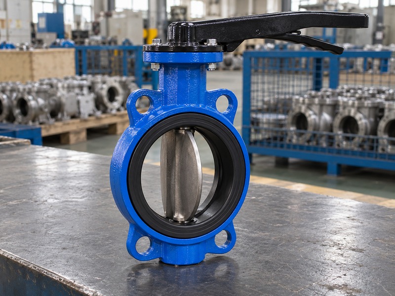 butterfly valve dn80 — partly open valve disc photographed through an unconnected bore