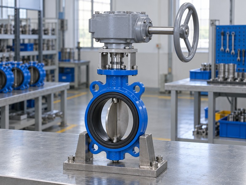 butterfly valve gearbox drawing illustration showing a handwheel worm gearbox driving a supported butterfly valve