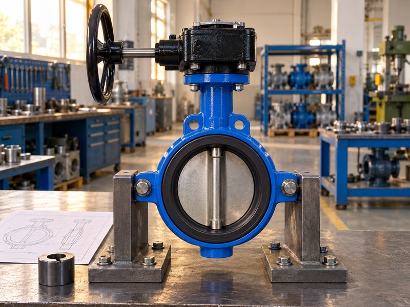 butterfly valve gearbox orientation: illustrative front view of a supported valve showing the common stem and worm gearbox output axis