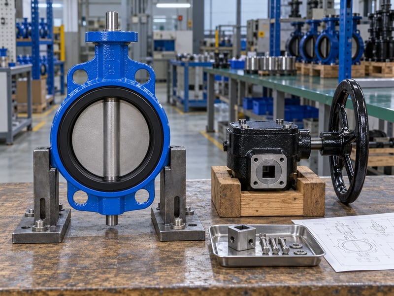 butterfly valve gearbox orientation: illustrative separate valve and supported manual gearbox prepared for an approved mounting-position review