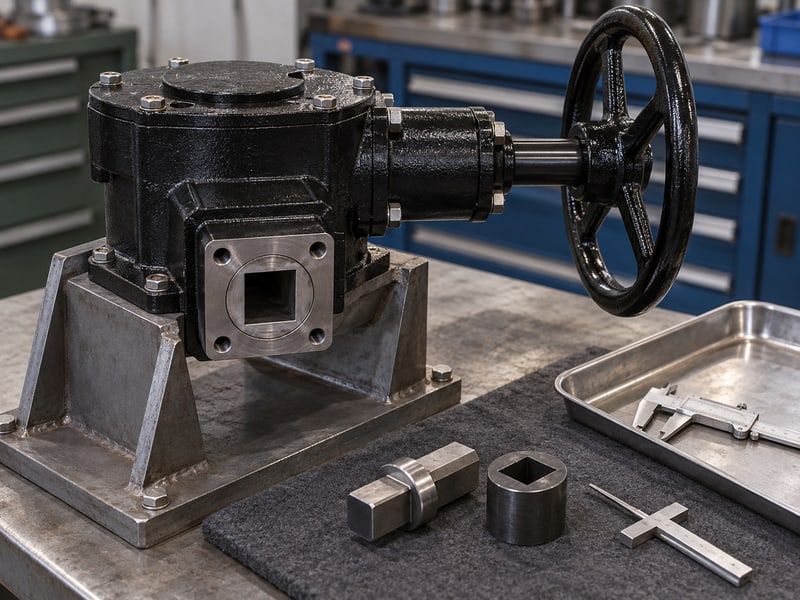butterfly valve gearbox orientation: illustrative supported gearbox output socket and separate square adapter inspected before assembly