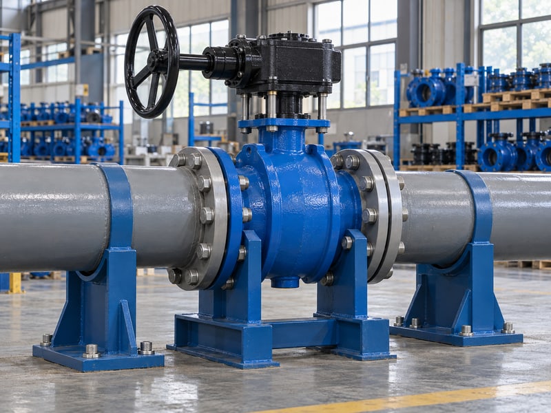 butterfly valve gearbox orientation: illustrative enclosed piped valve with a supported gearbox mount and independent pipeline saddles