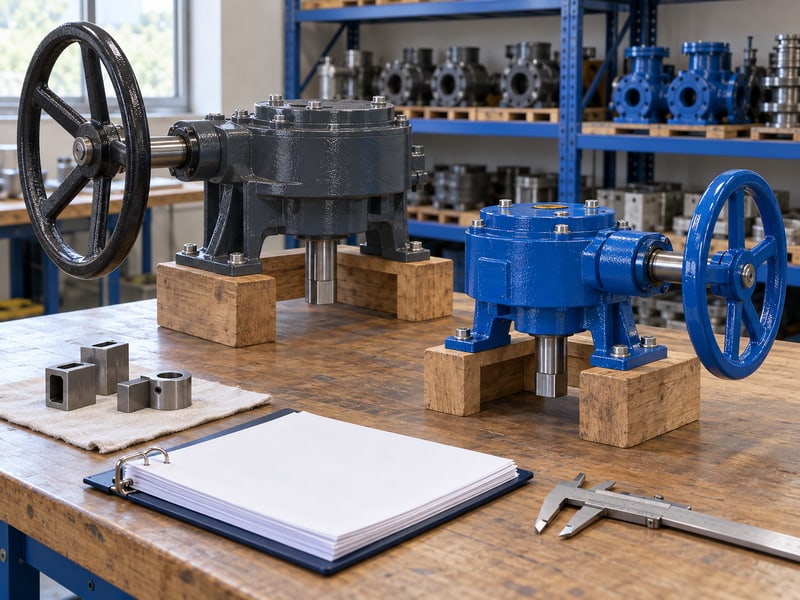 butterfly valve gearbox orientation: illustrative two independently supported worm gear operators beside a duty-review document pack