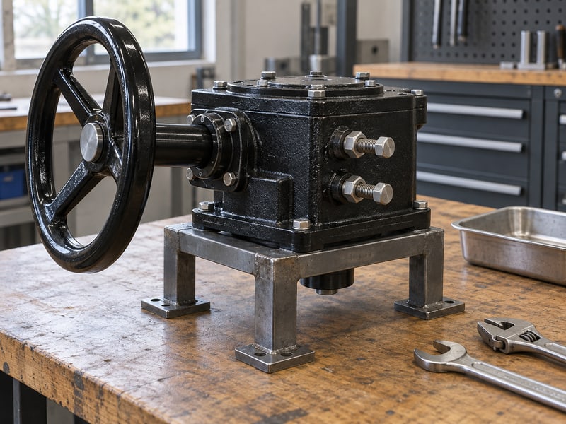 butterfly valve gearbox orientation: illustrative standalone worm gearbox with accessible travel-stop screws and locknuts