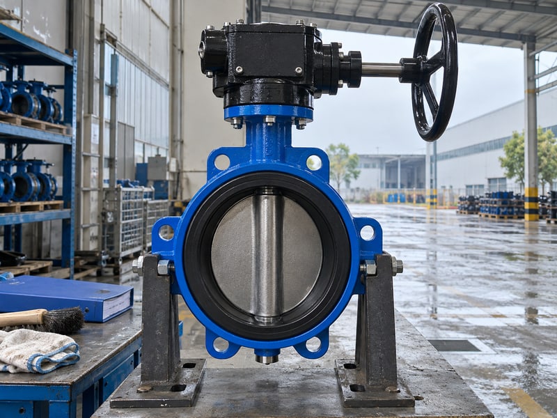 butterfly valve gearbox orientation: illustrative sealed manual gearbox housing with visible cover fasteners and unobstructed service access