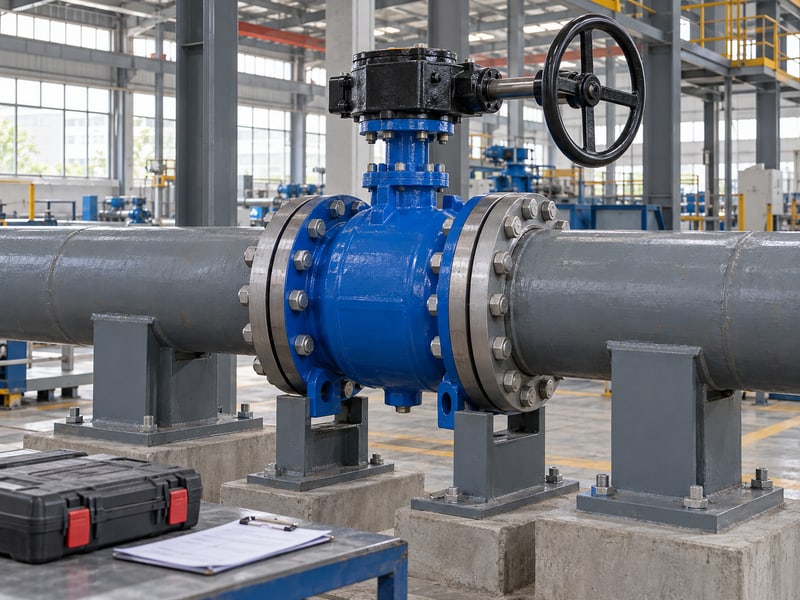 butterfly valve gearbox orientation: illustrative installed enclosed valve and manual gearbox with an unobstructed handwheel working area