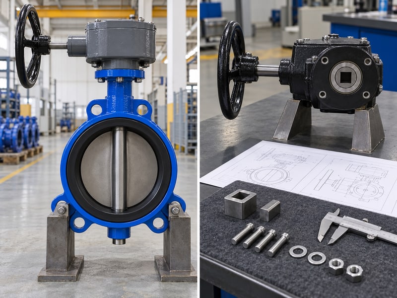 butterfly valve gearbox orientation: illustrative paired photos of a supported manual valve assembly and separate interface-review parts