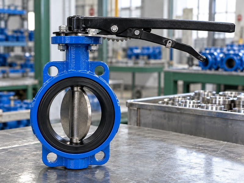 butterfly valve handle orientation: manual lever and detent assembly on a partly open valve