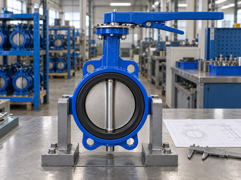 butterfly valve handle orientation: illustrative front view of a direct lever valve with a continuous stem-to-disc connection