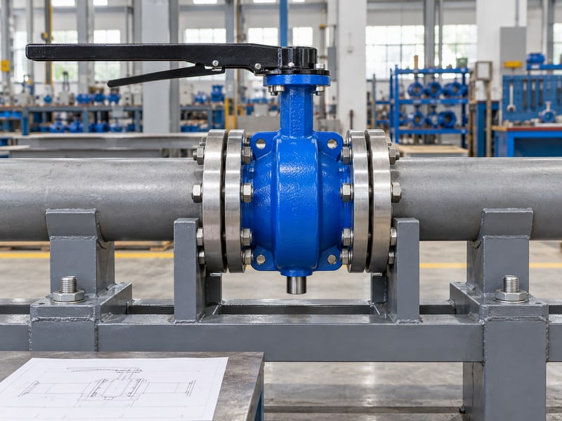 butterfly valve handle orientation: illustrative direct lever aligned along a closed coaxial pipe assembly for a position-reference review